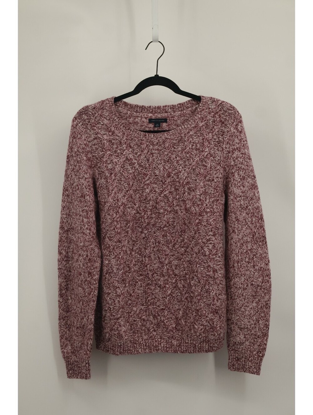 Tommy Hilfiger Womens Marl Red White Cable Knit Sweater Crew Neck Pullover Large